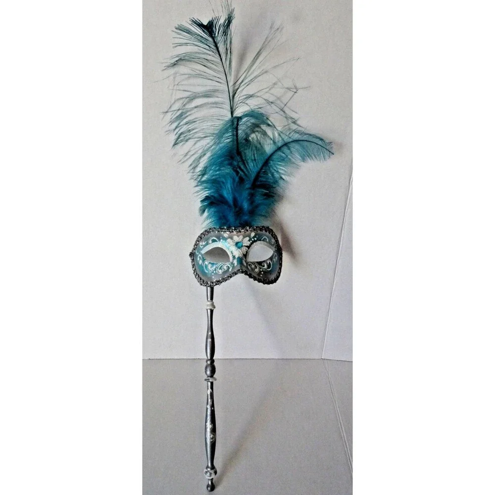 Beautiful Venetian Hand Painted Mask Venice Feathers Blue Masquerade with Handle